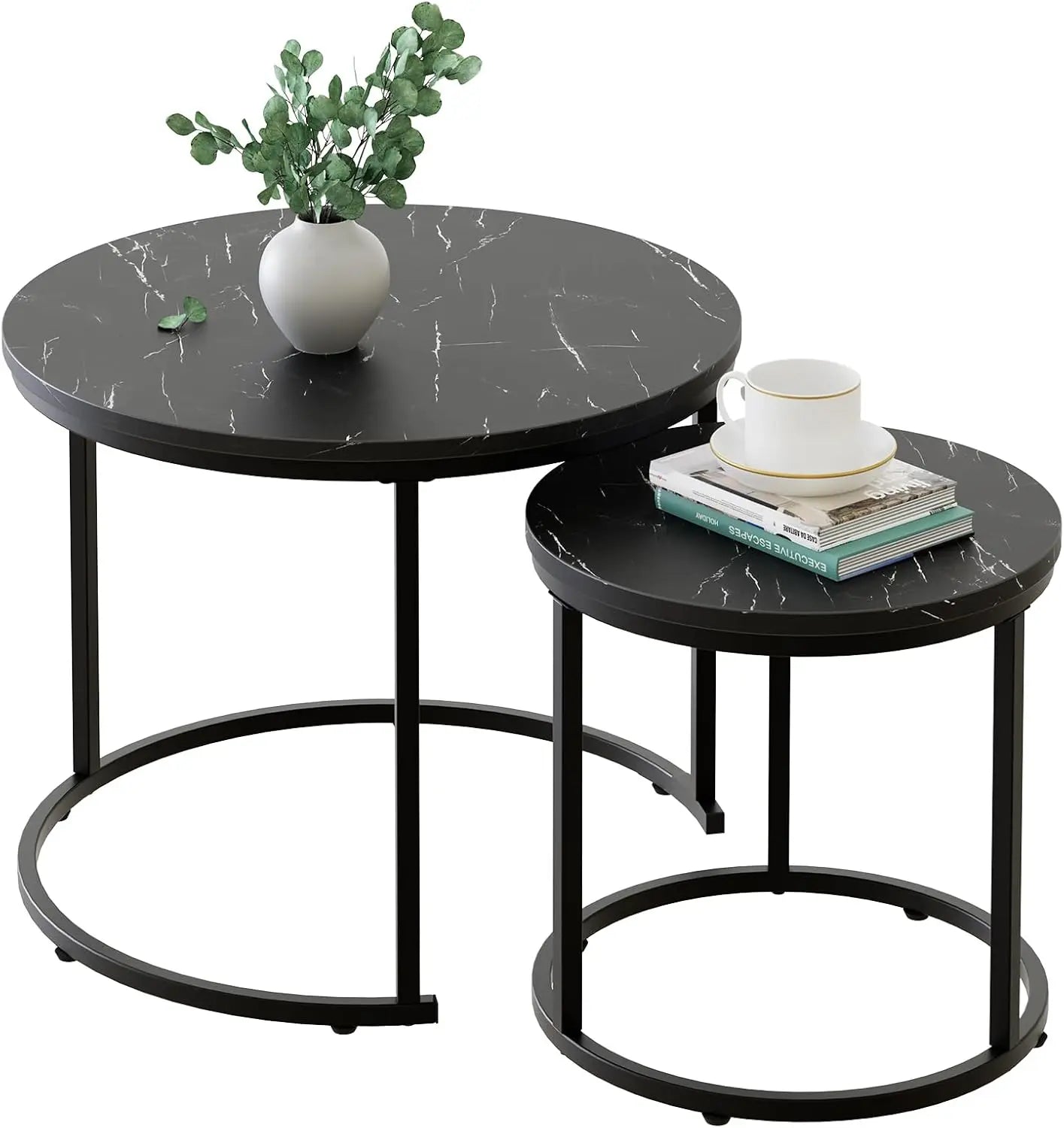 Xiuwo Nesting Coffee Tables Set White Marble Pattern Golden Frame