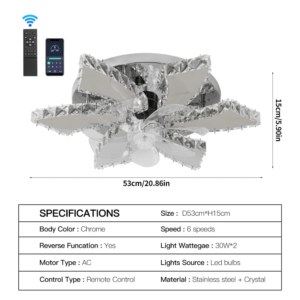 VETRULUS Modern Crystal LED Ceiling Fan With Remote Control