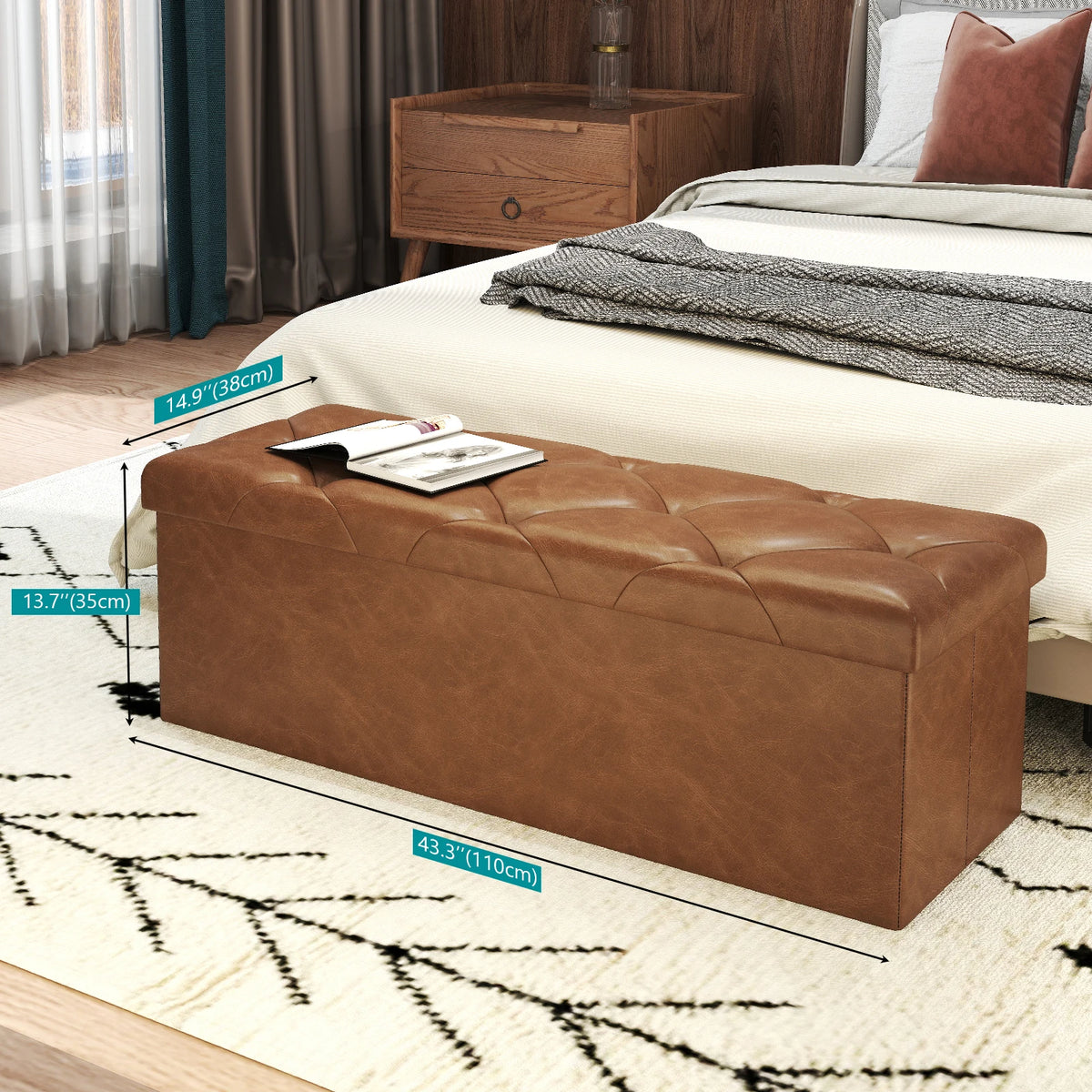 Sturdy Tufted Faux Leather Folding Storage Bench Ottoman
