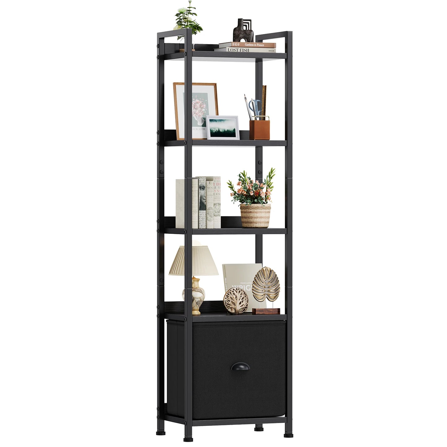 JHK Wood 5 Tier Bookshelf With Fabric Drawer Storage Organizer