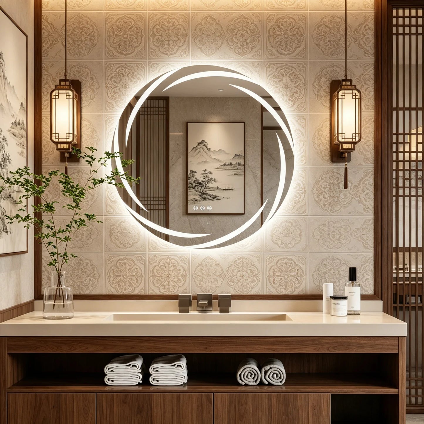 LED Round Bathroom Mirror Backlit Anti-Fog Dimmable Three-Color Lights