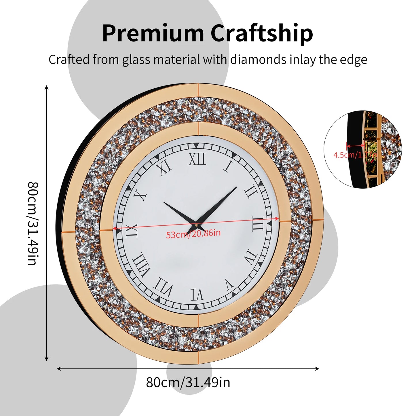 Round Mirror Clock With Crystal Sparkle Wall Decoration