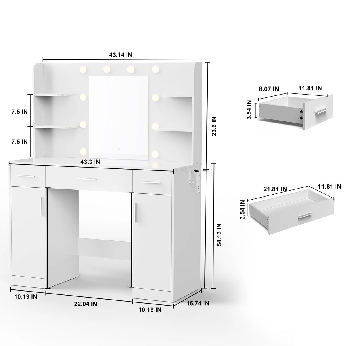 JHK Modern Vanity Desk With Led Light Mirror And Drawers