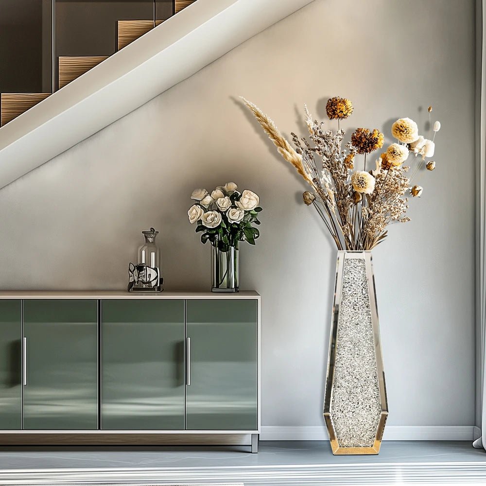 Premium Mirrored Floor Flower Vase With Crushed Diamond Design