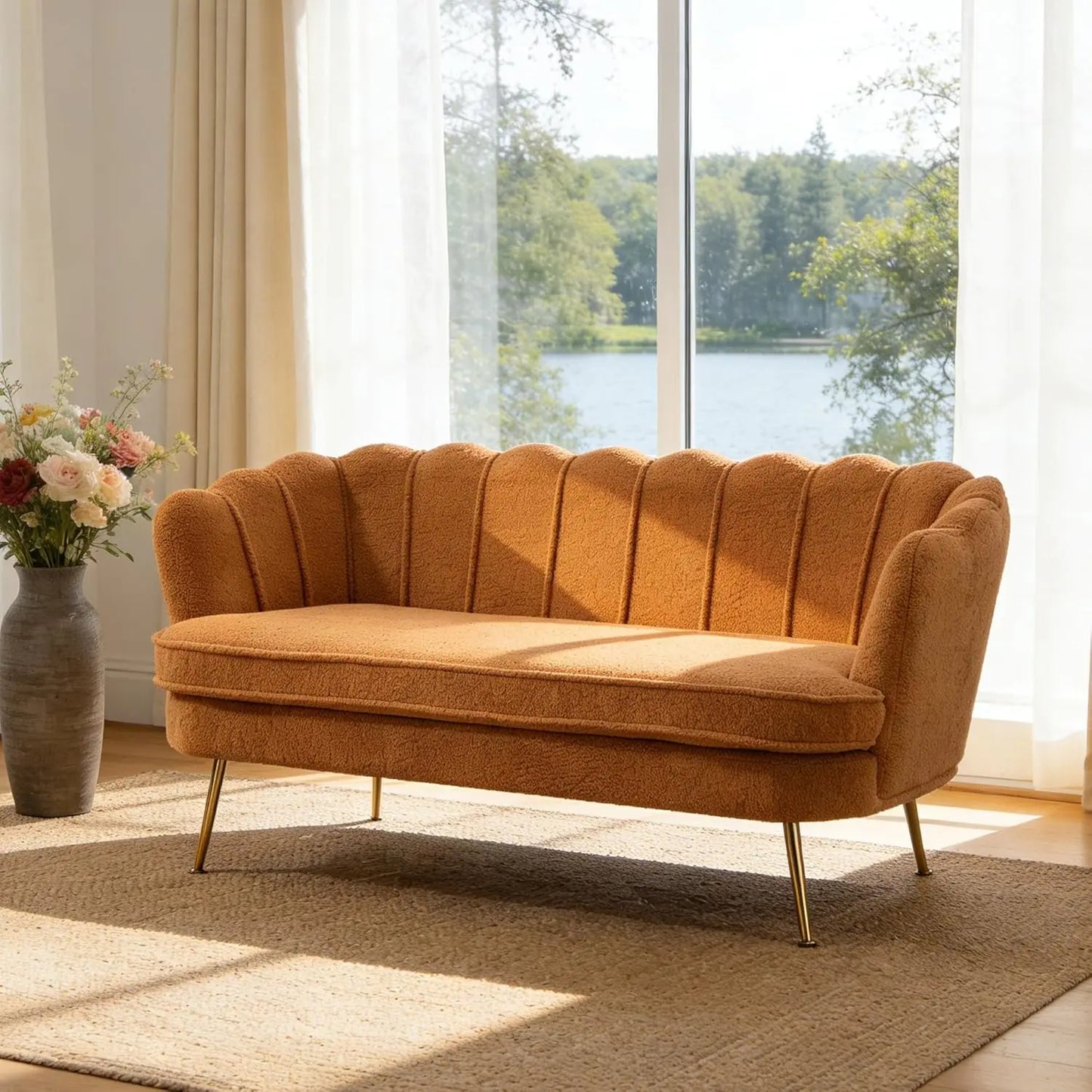 Sherpa Boucle Two Seater Sofa With Gold Metal Legs