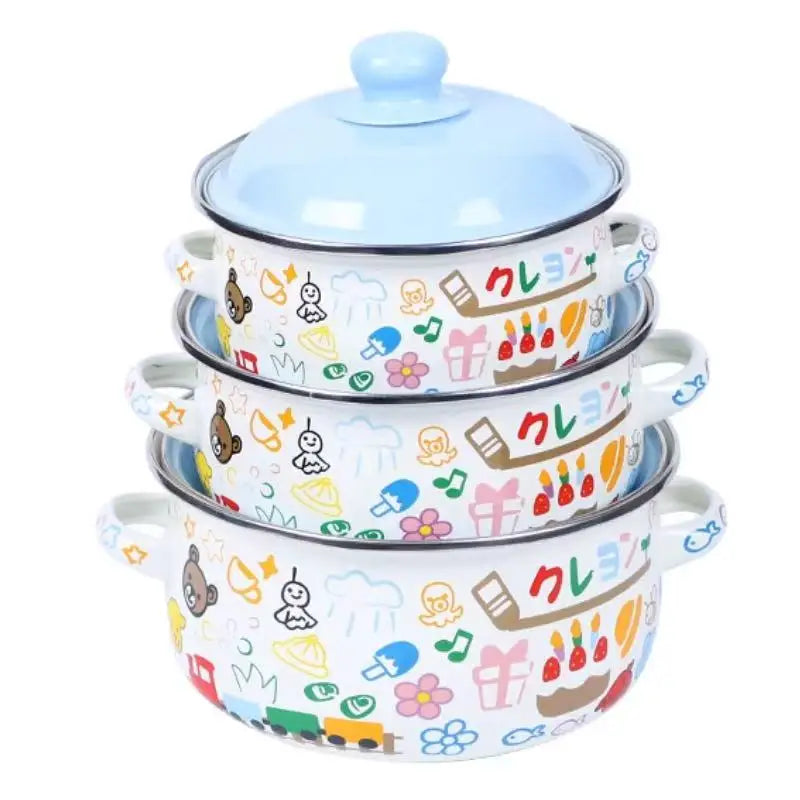 3-Piece Vintage Enamel Stock Pot Set With Lids For Induction And Gas Stoves