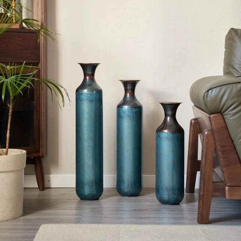 Torch-Fired Metal Floor Vases Set Rustic Home Decor