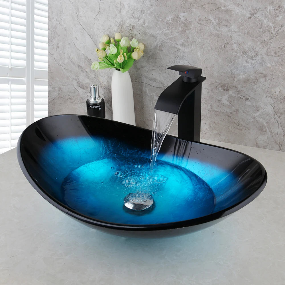 JIENI Tempered Glass Waterfall Basin and Brass Faucet Set