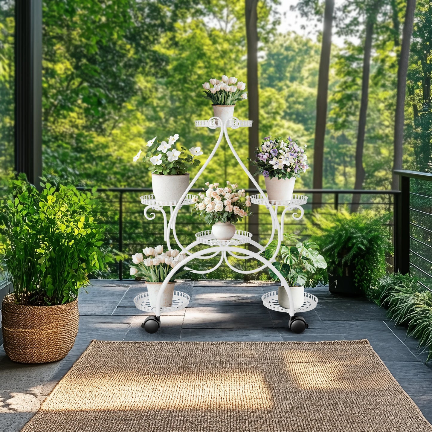 Wisfor 6-Tier Metal Flower Pot Display Stand With Rolling Wheels