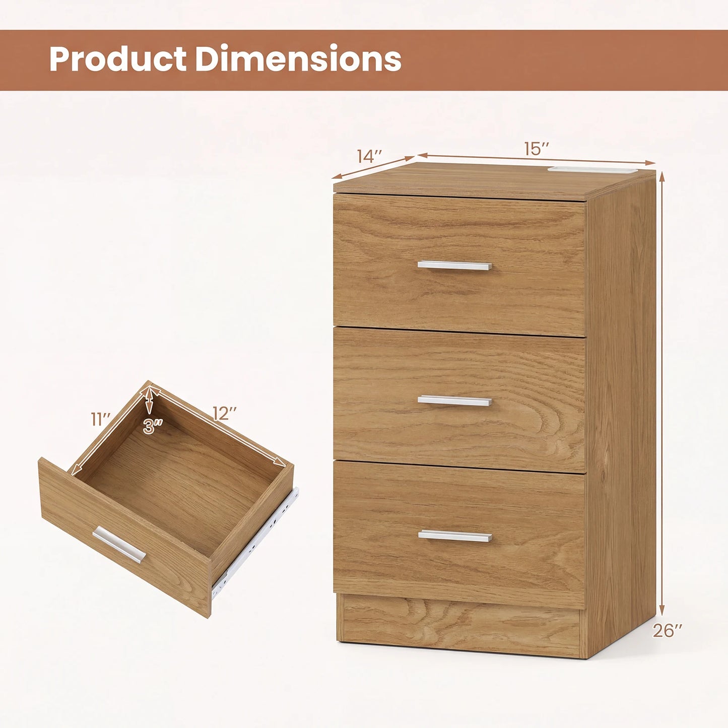 HOMASIS Nightstand with Charging Station and Three Drawers
