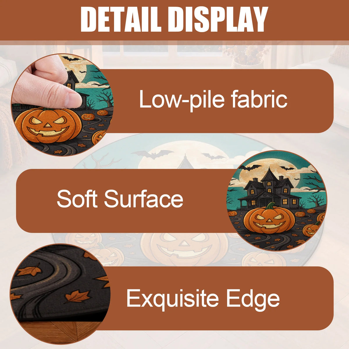 Halloween Haunted House Pumpkin Bat Washable Velvet Area Rug