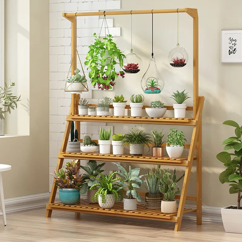 Folding Bamboo Plant Stand 3 Tier Pot Shelf For Indoor Outdoor