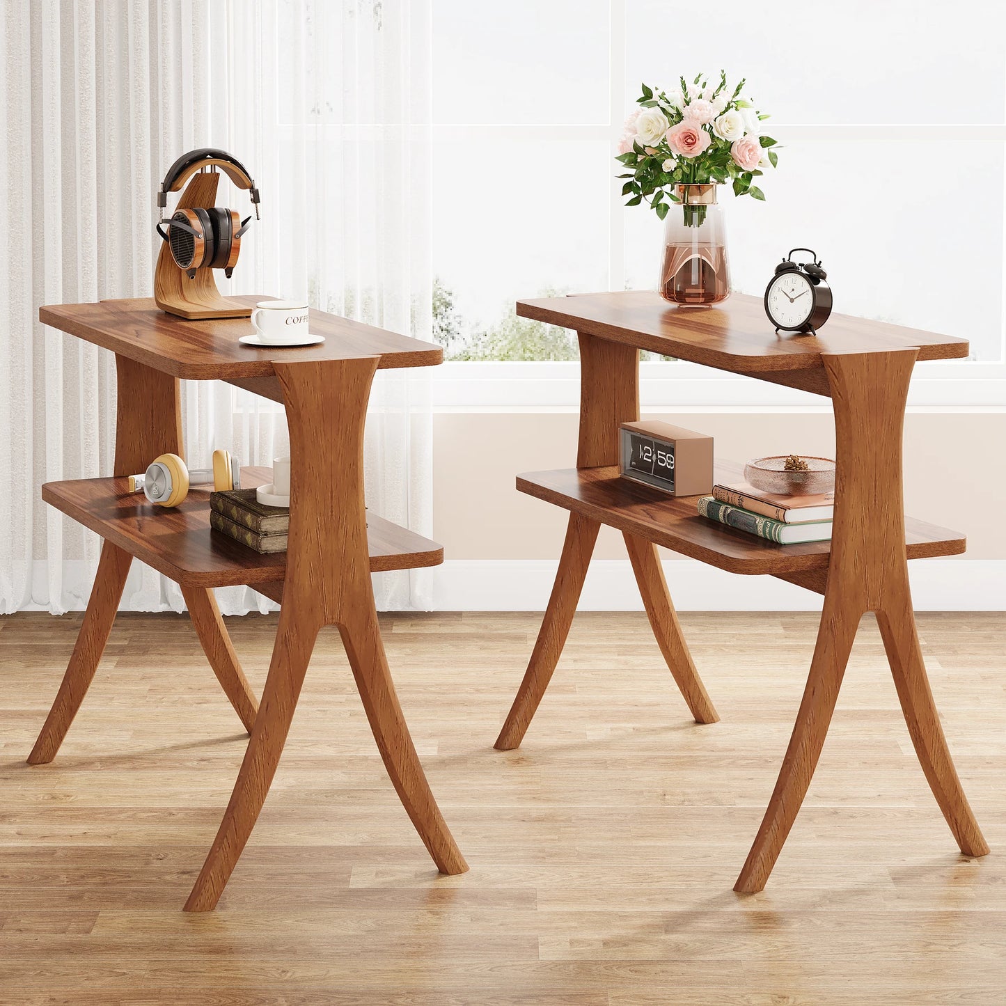 Tribesigns Walnut Side Table With 2-Tier Storage Shelf