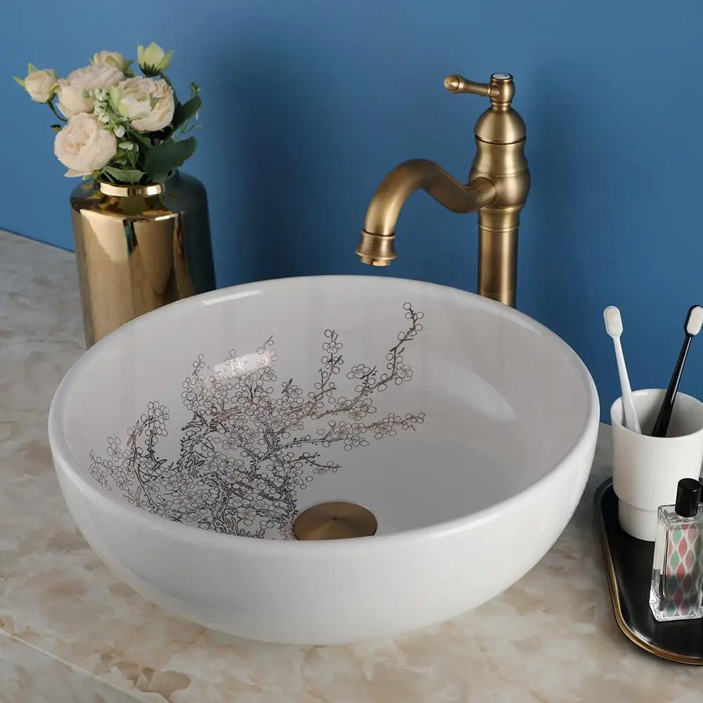 Yanksmart Ceramic Bowl Bathroom Basin Set With Antique Faucet