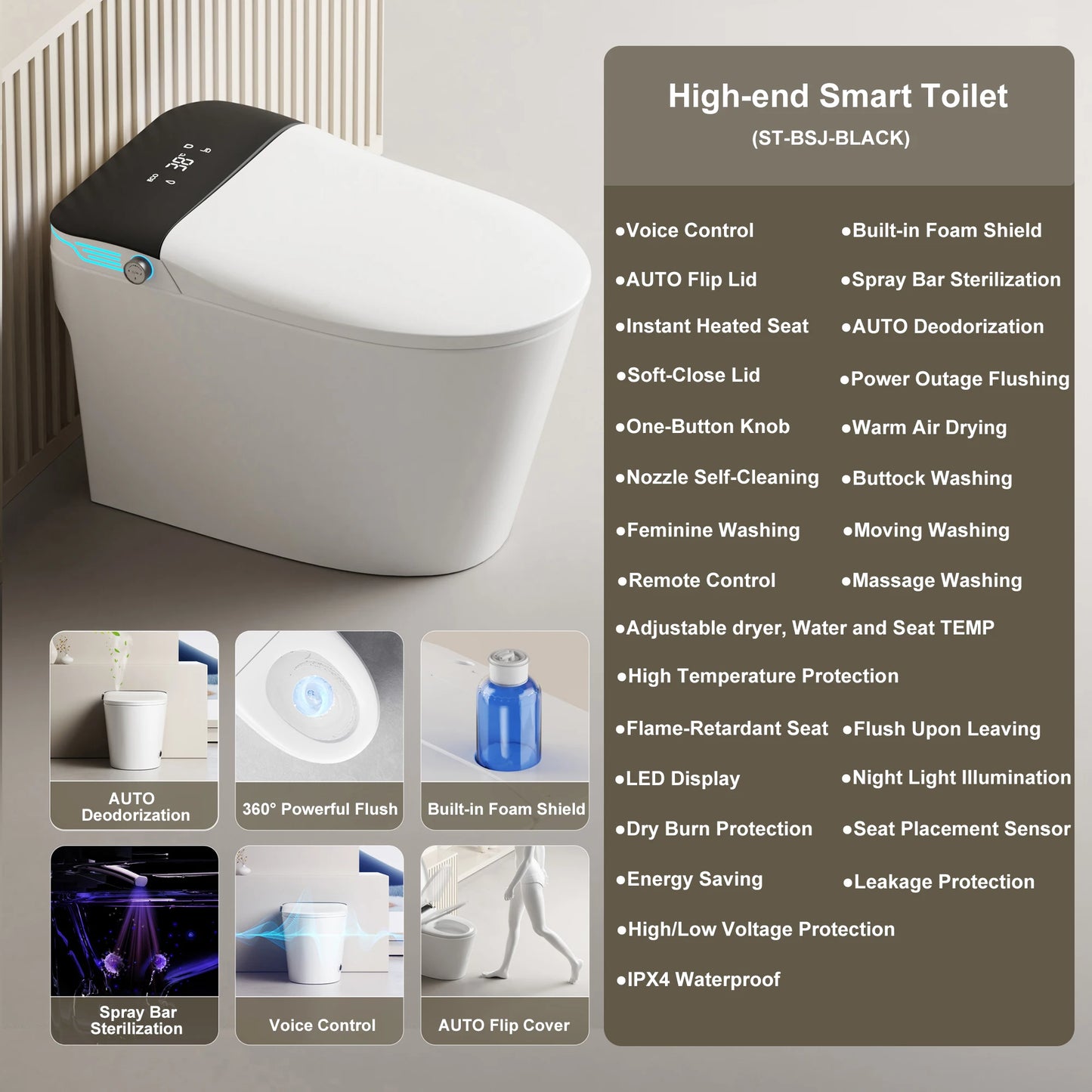 Elongated Smart Toilet With Built In Bidet And Voice Control