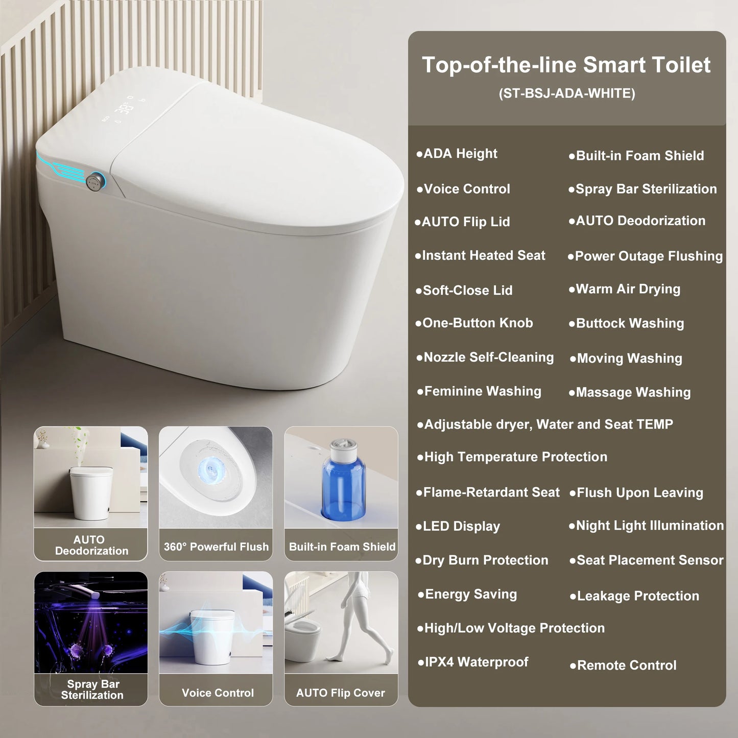 Elongated Smart Toilet With Built In Bidet And Voice Control