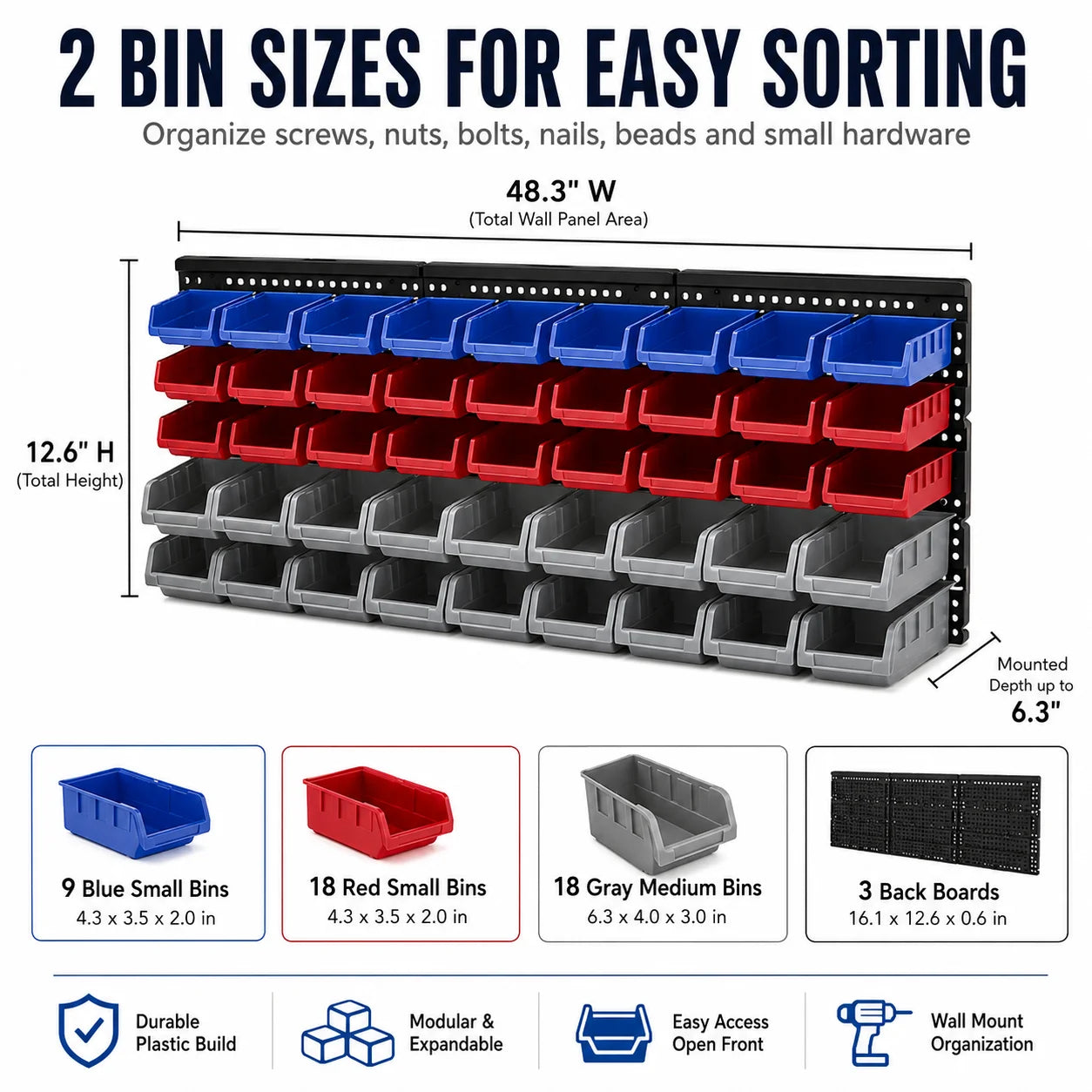 45 Bin Wall Mounted Storage Bins Rack With 3 Wall Panels