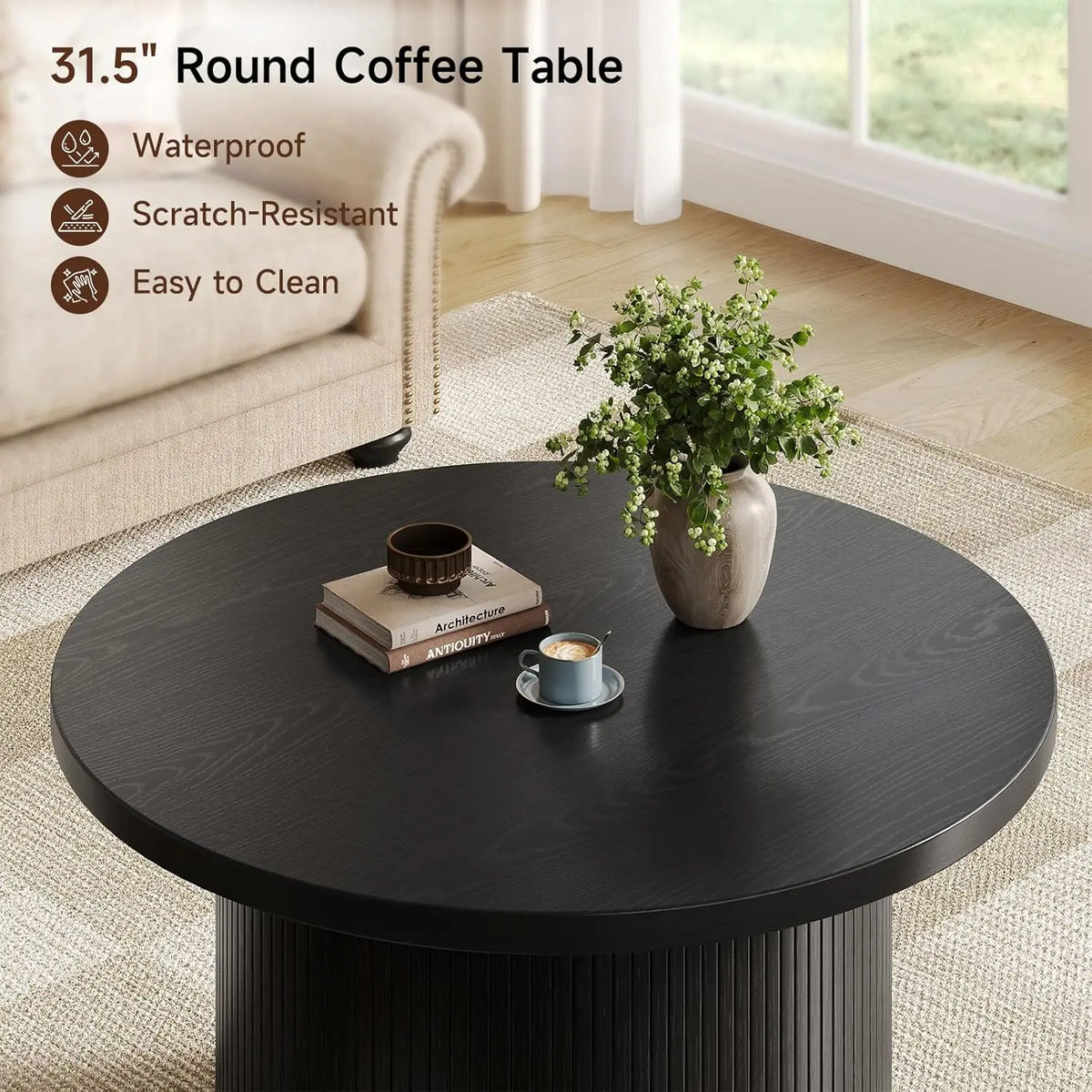 Onbrill Modern Round Coffee Table With Fluted Tambour Design