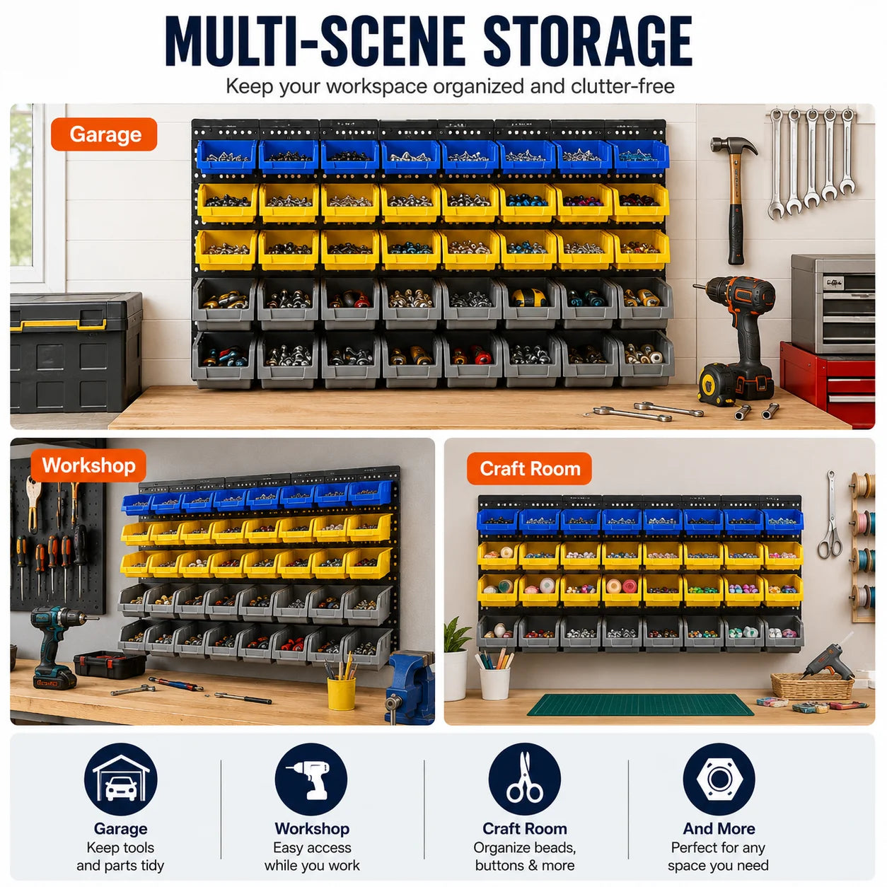 45 Bin Wall Mounted Storage Bins Rack With 3 Wall Panels