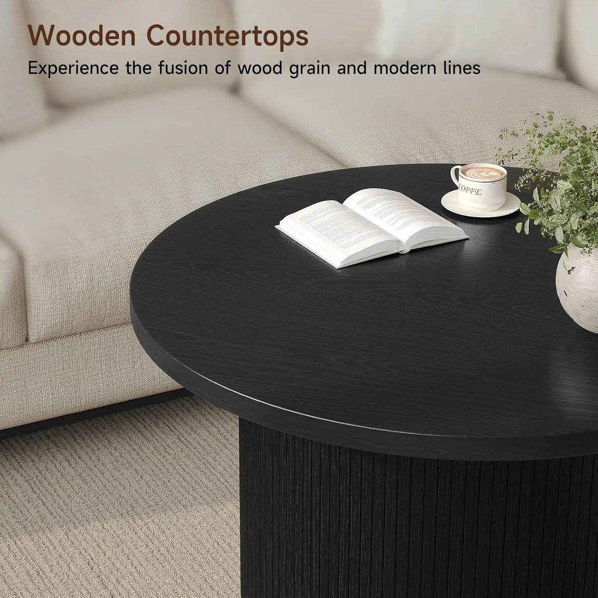 Onbrill Modern Round Coffee Table With Fluted Tambour Design