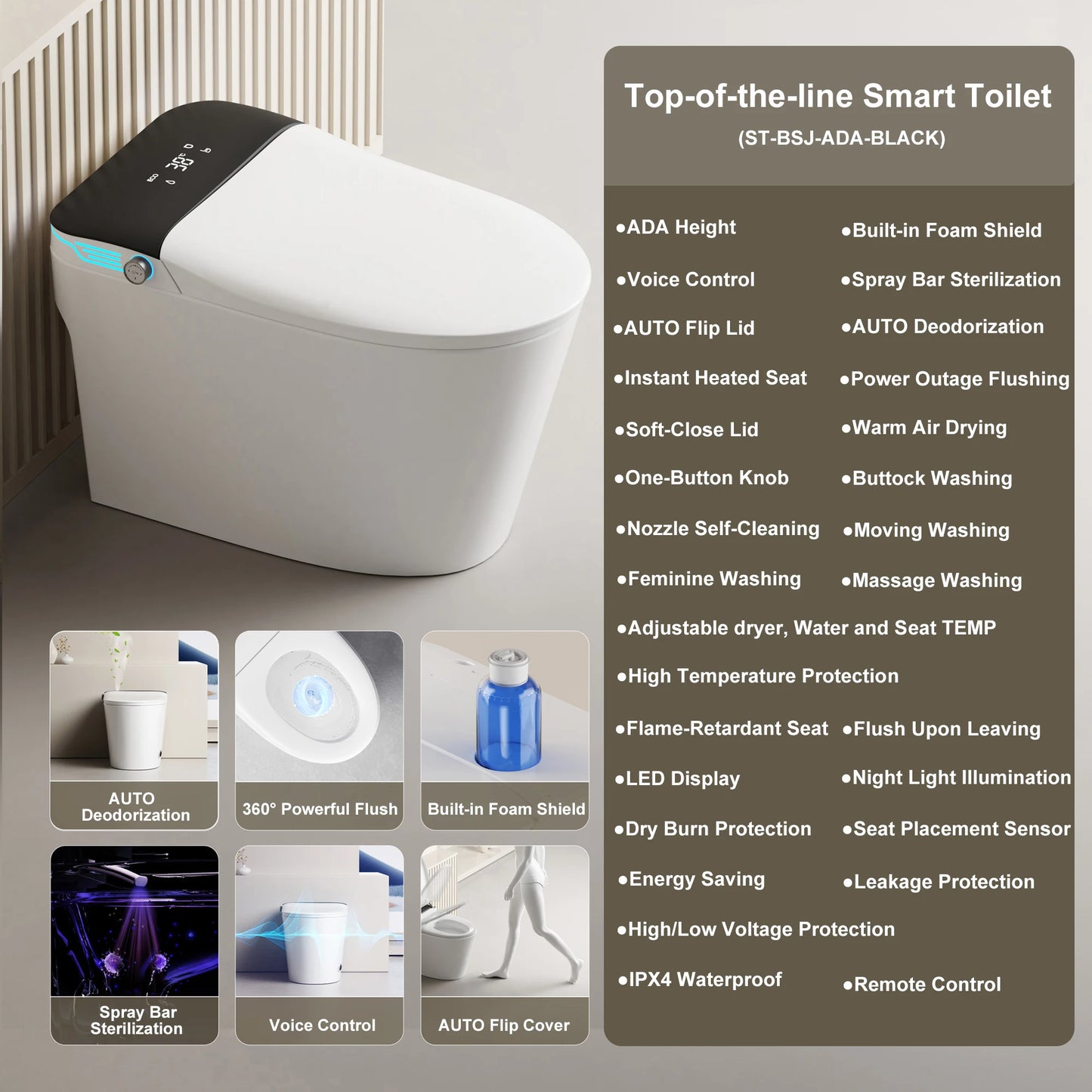 Elongated Smart Toilet With Built In Bidet And Voice Control