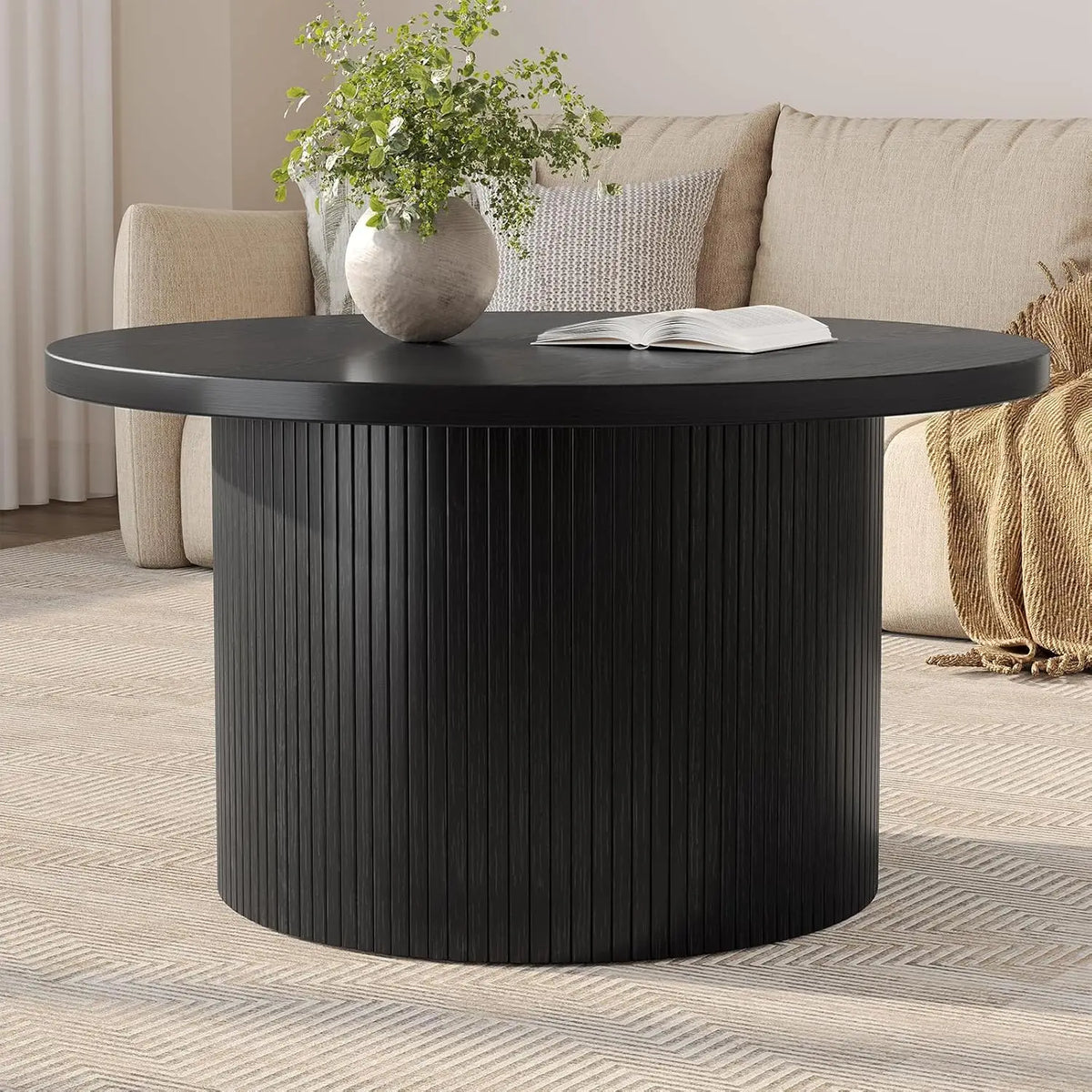 Onbrill Modern Round Coffee Table With Fluted Tambour Design