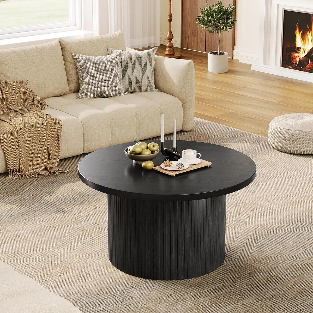 Onbrill Modern Round Coffee Table With Fluted Tambour Design