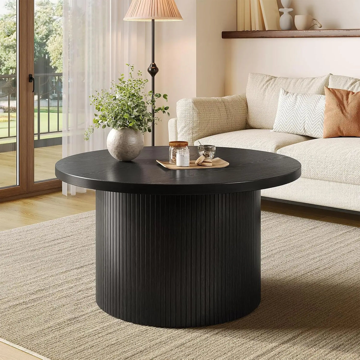 Onbrill Modern Round Coffee Table With Fluted Tambour Design