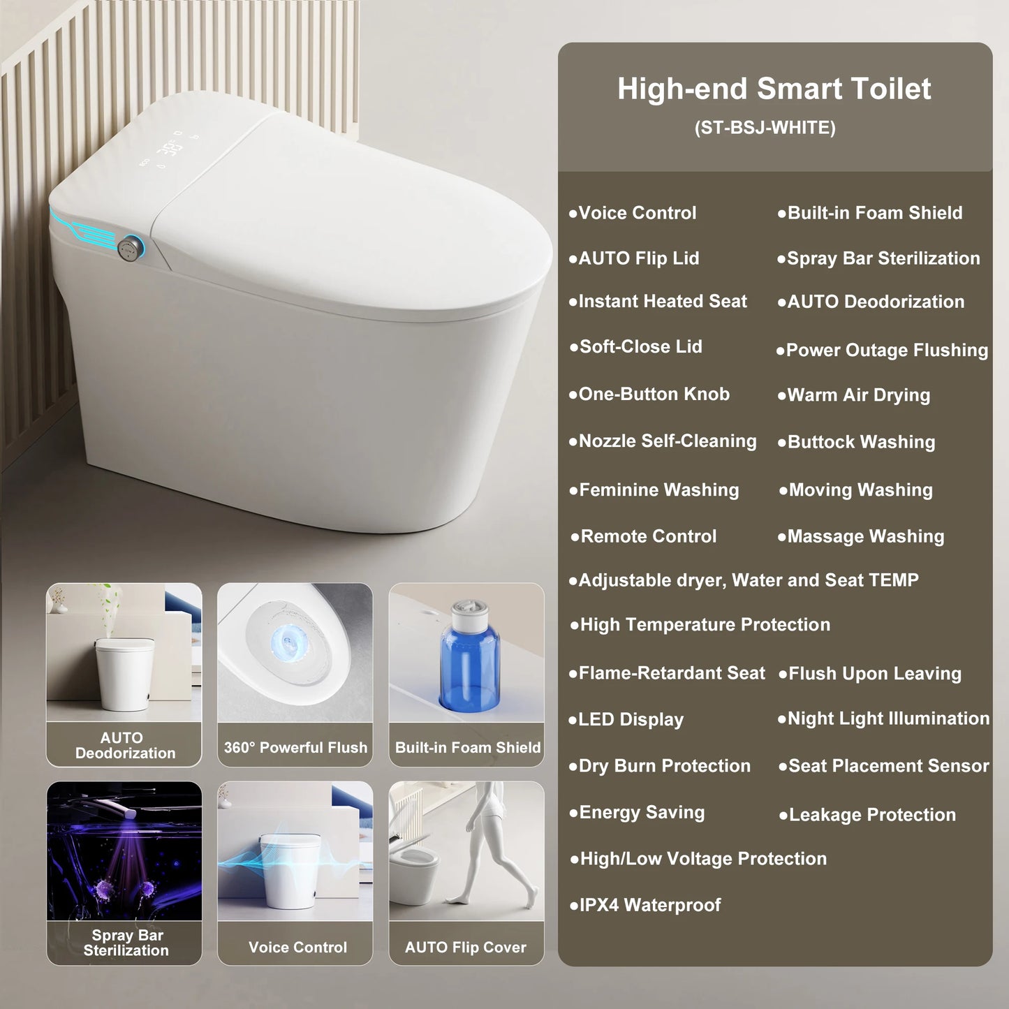 Elongated Smart Toilet With Built In Bidet And Voice Control