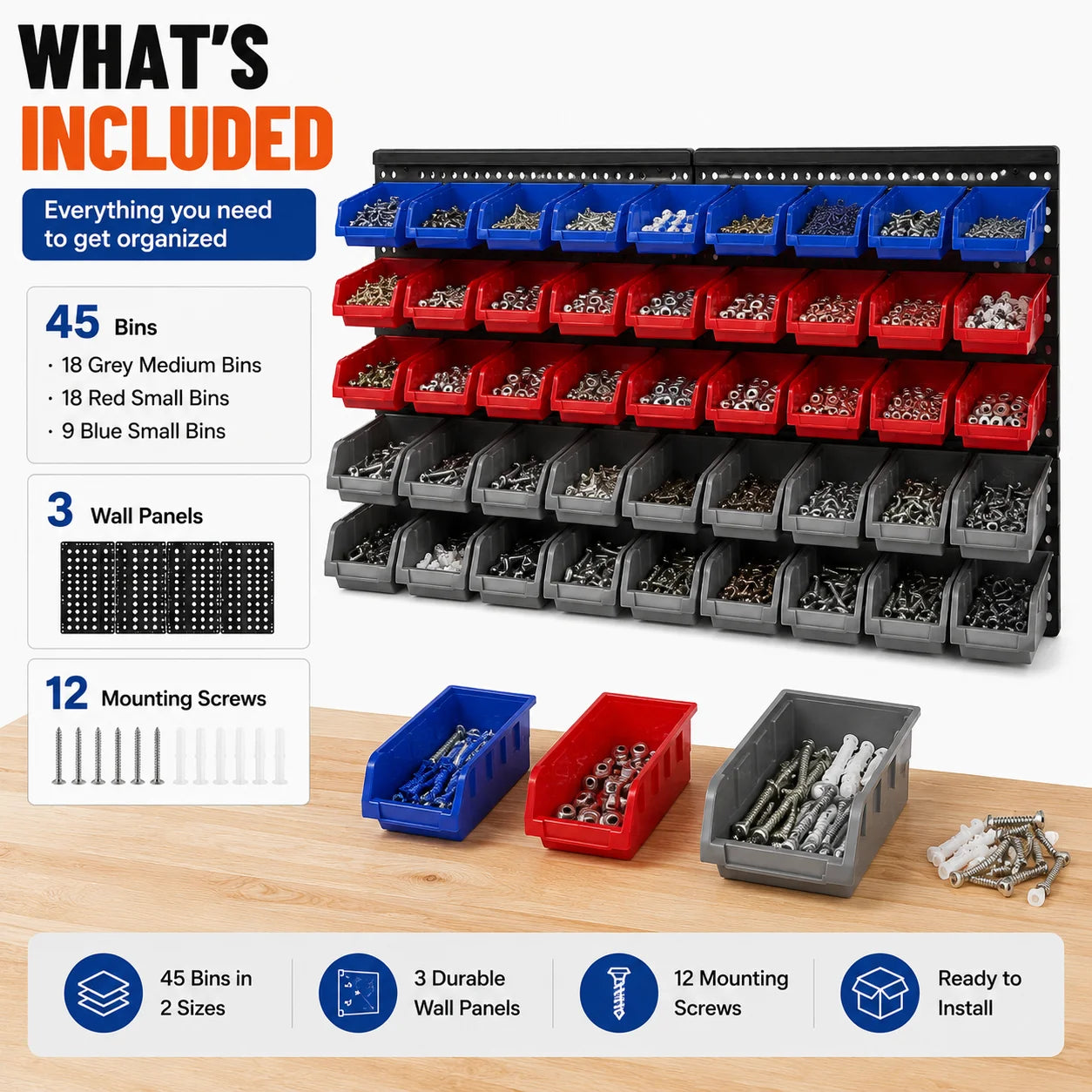45 Bin Wall Mounted Storage Bins Rack With 3 Wall Panels
