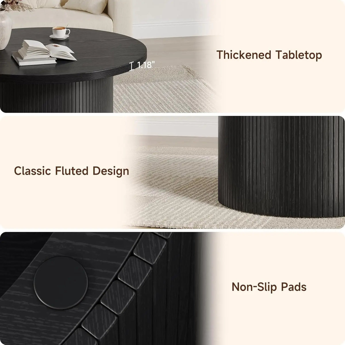 Onbrill Modern Round Coffee Table With Fluted Tambour Design