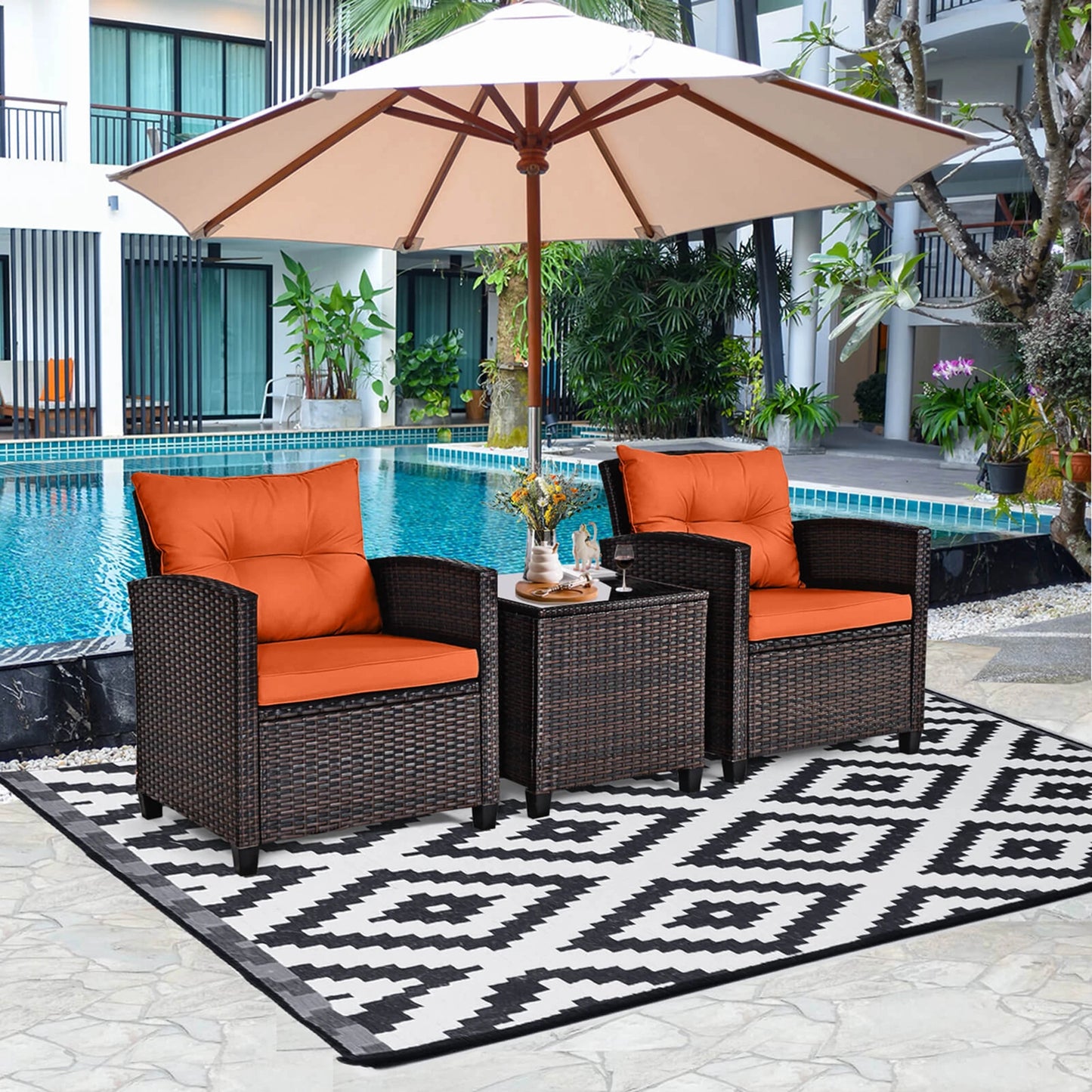 HOMASIS 3-Piece Patio Rattan Furniture Set With Cushioned Conversation Sofa
