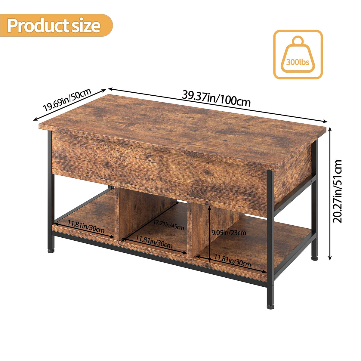 Antique Wood Lift Top Coffee Table Featuring Hidden Storage Shelf
