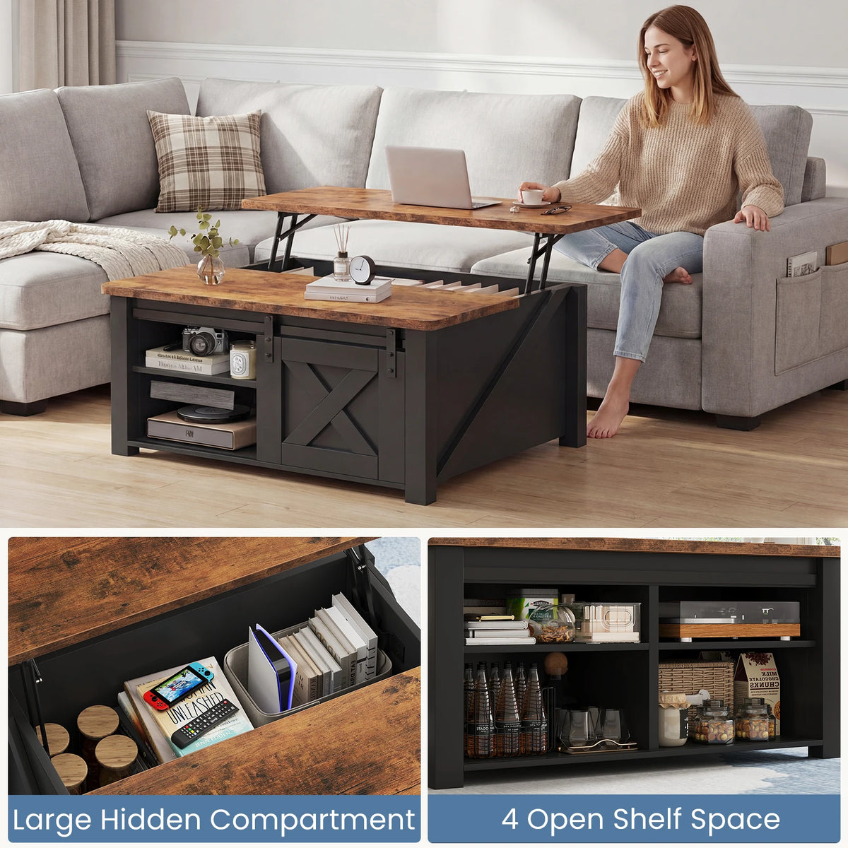 MCQ Wood Lift Top Coffee Table Square Adjustable Storage