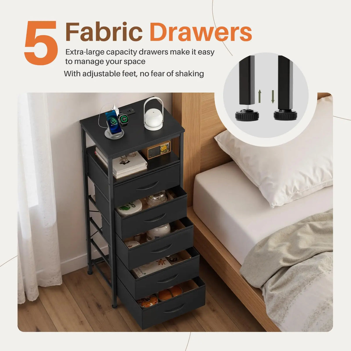 JHK Five Drawer Dresser Nightstand With Integrated Charging Port