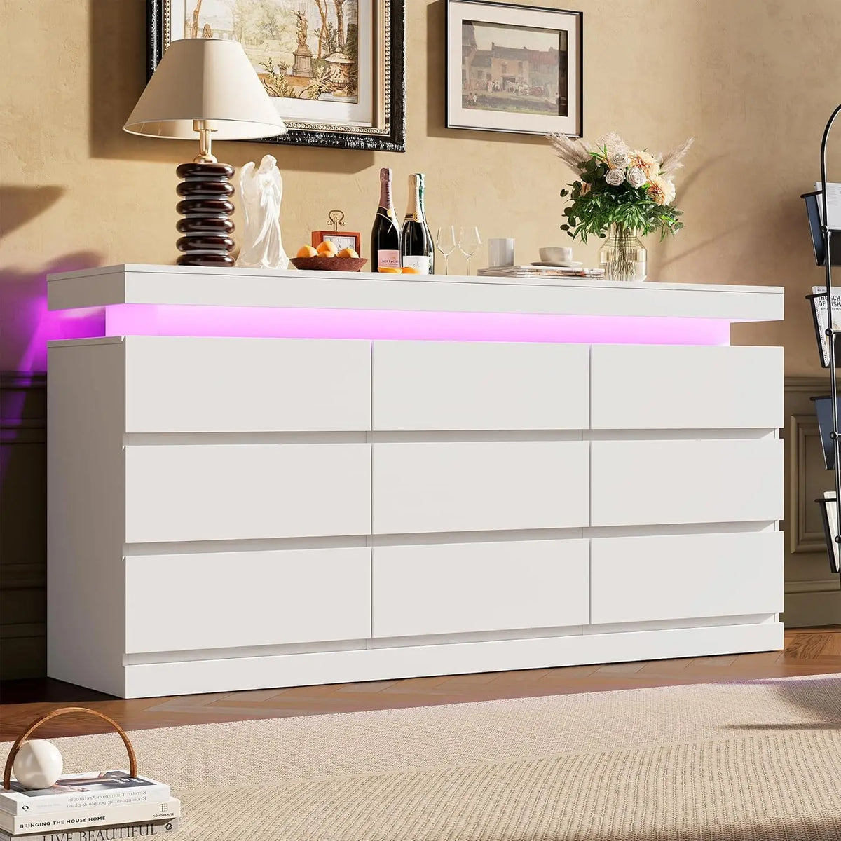 Acekool 9 Drawer Wooden Dresser With Led Lights And Charging Station