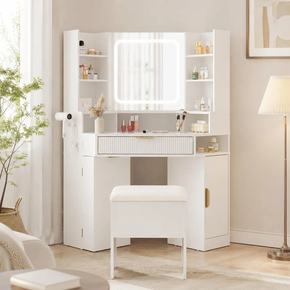 HiMISS Corner Vanity Desk With LED Mirror And Charging Station