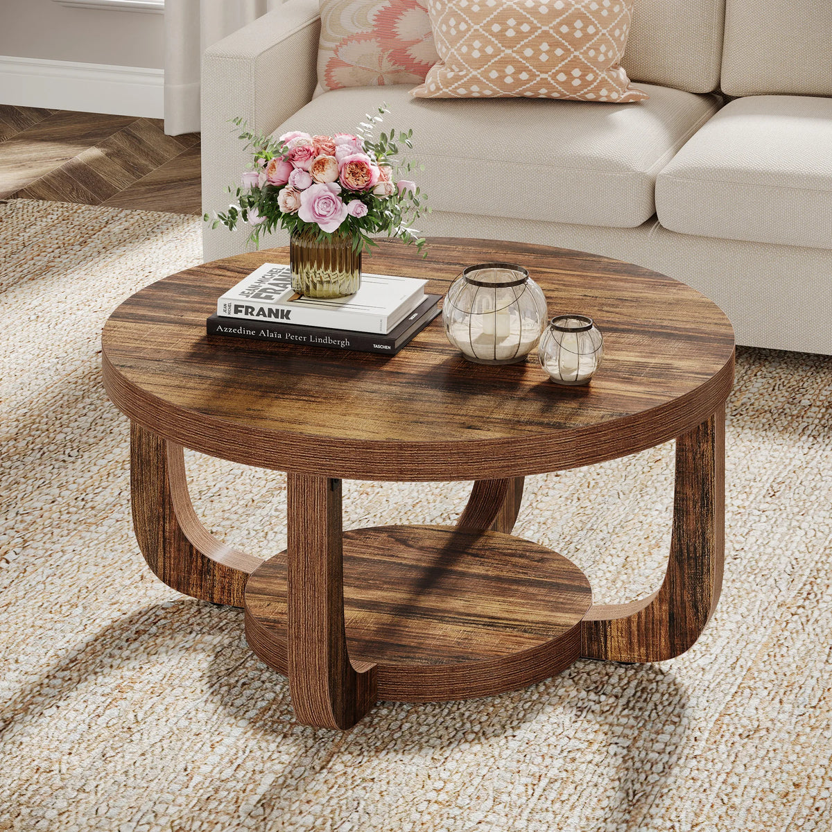 Tribesigns Modern Round Coffee Table With Two Tier Wood Storage