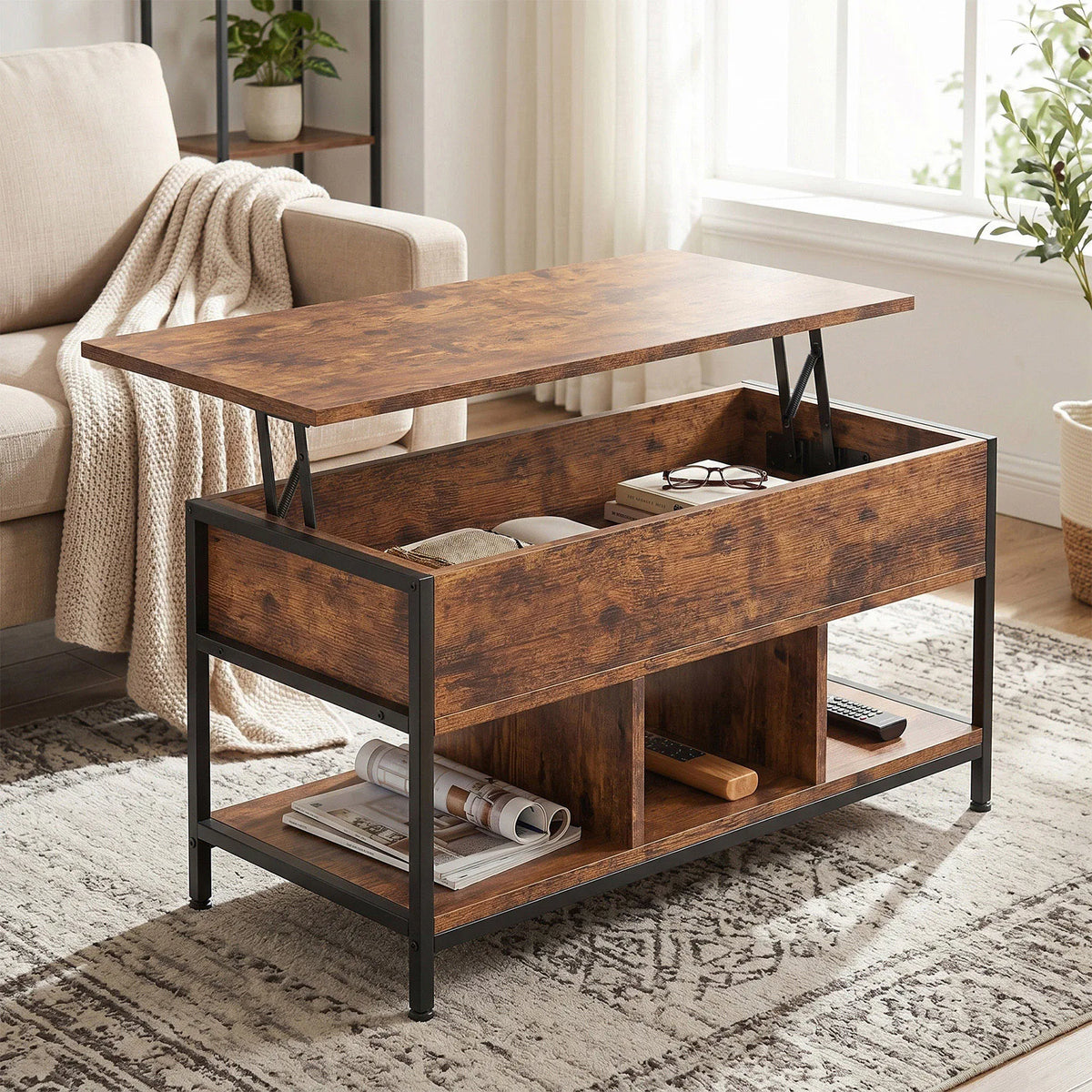 Antique Wood Lift Top Coffee Table Featuring Hidden Storage Shelf