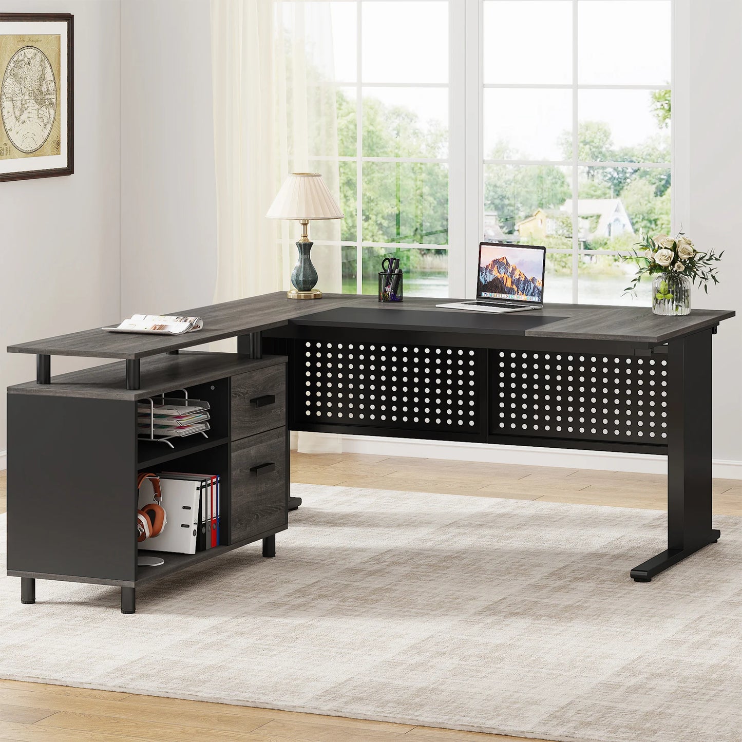 Tribesigns L Shaped Executive Desk With File Cabinet