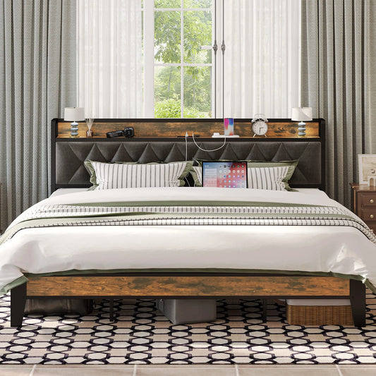 Anctor Storage Headboard Bed Frame With Outlets Quiet Performance