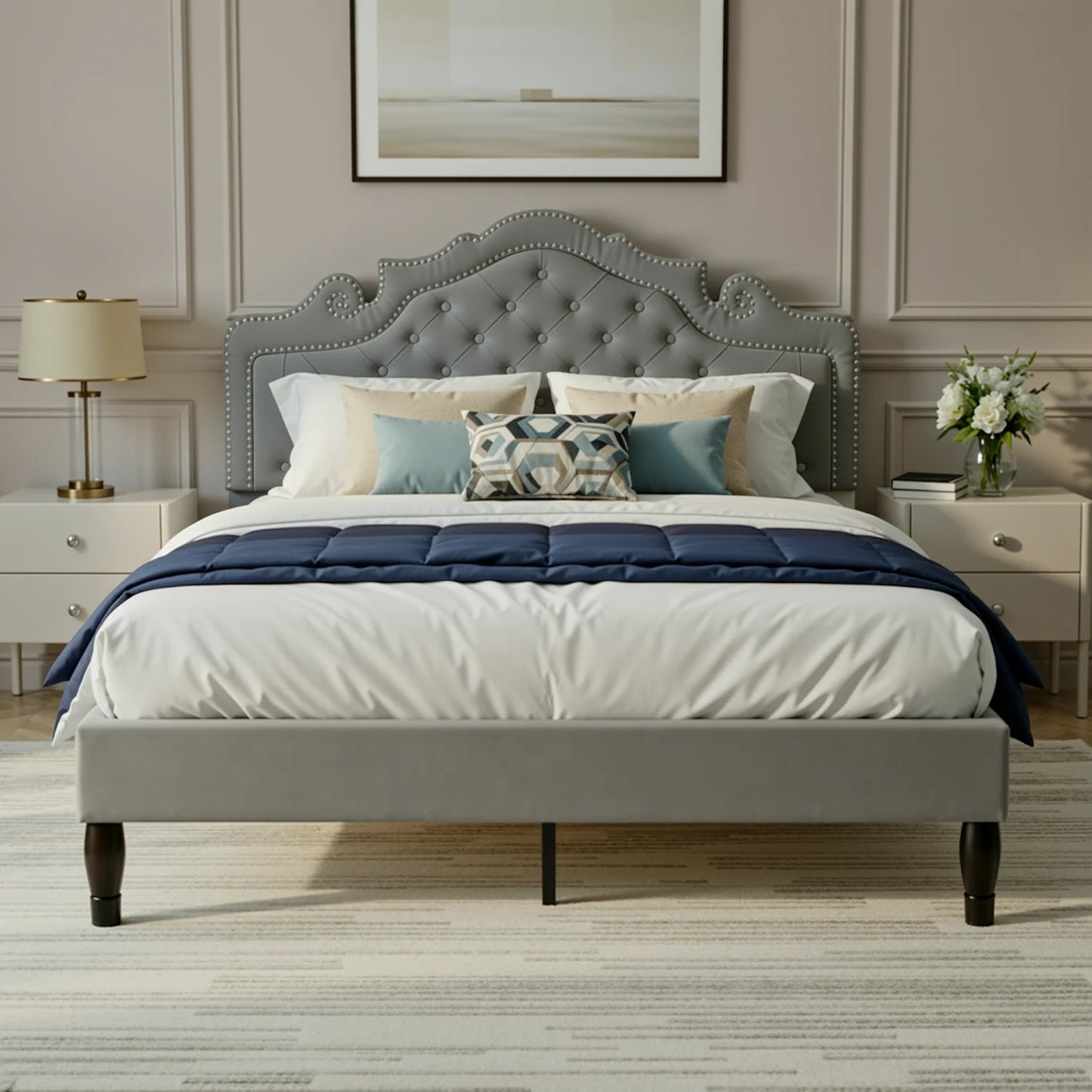HOOMIC Velvet Bed Frame With Adjustable Tiara Headboard And Diamond Tufted