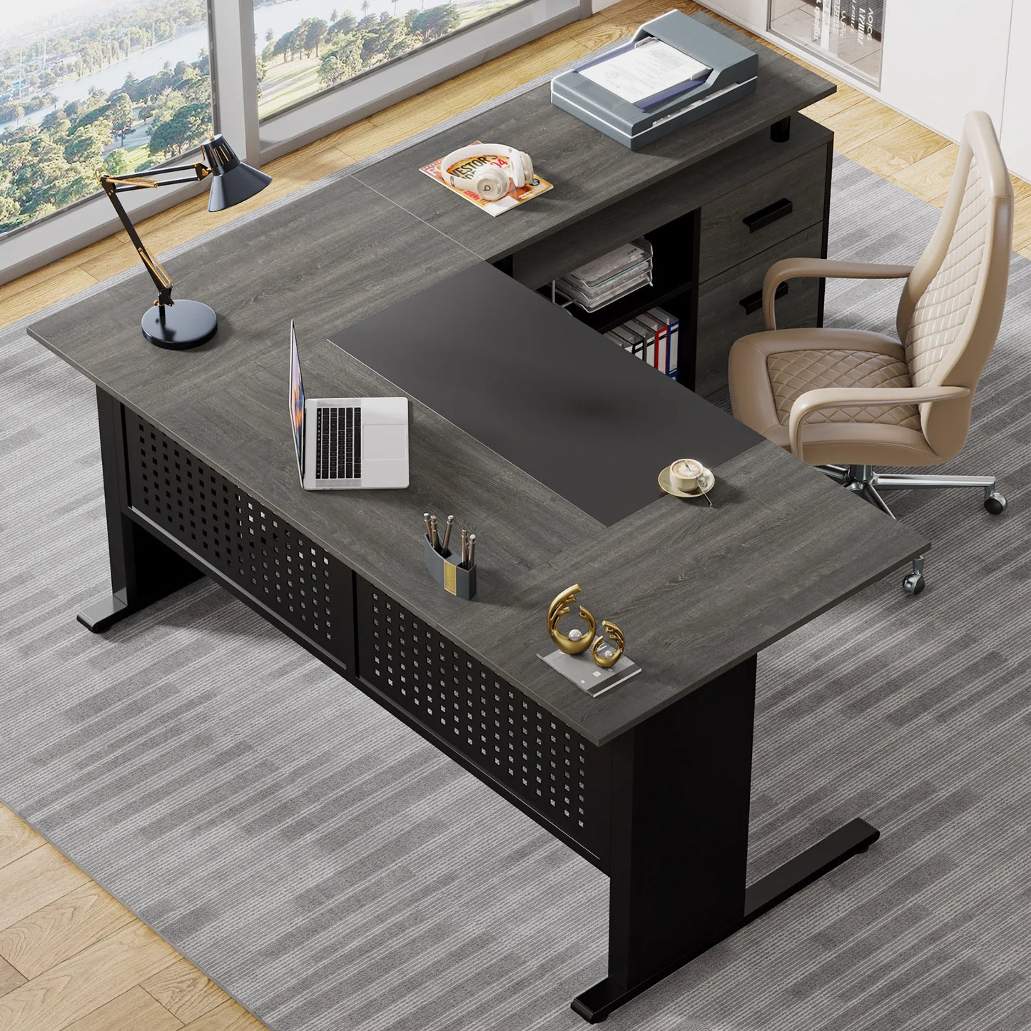 Tribesigns L Shaped Executive Desk With File Cabinet