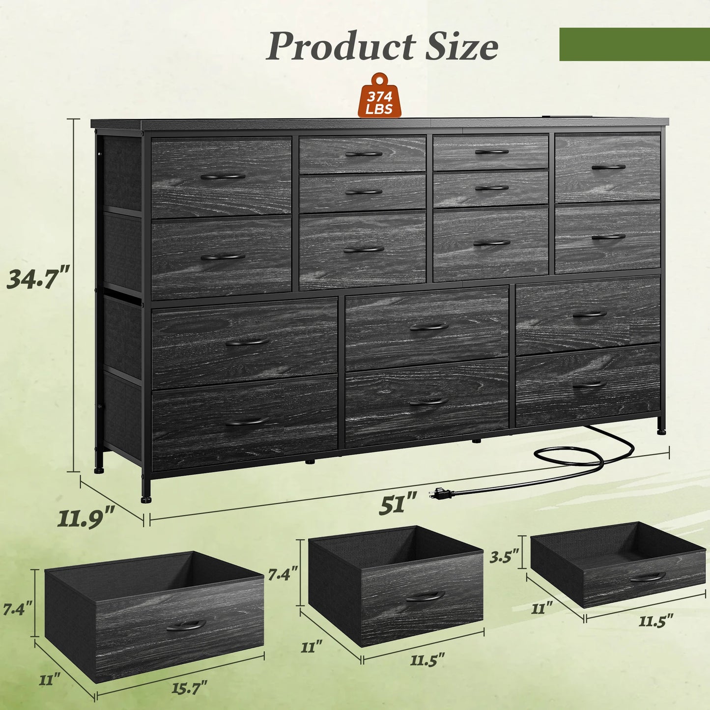 16-Drawer Fabric Dresser With Charging Station And TV Stand