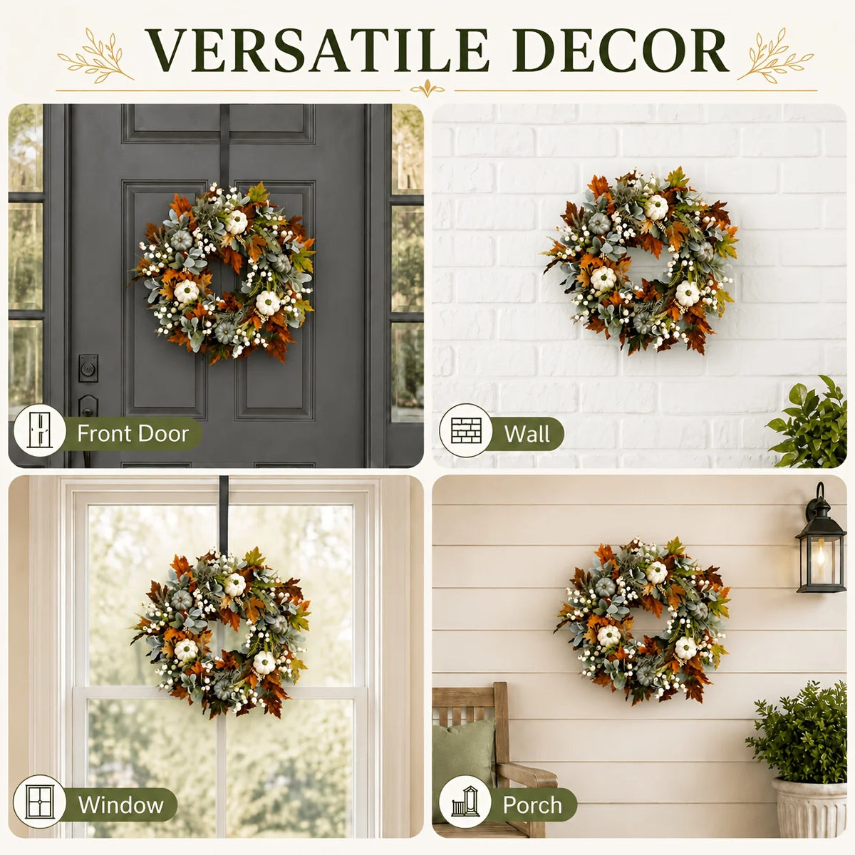 Artificial Peony And Pumpkin Wreath With Leaves And Berries