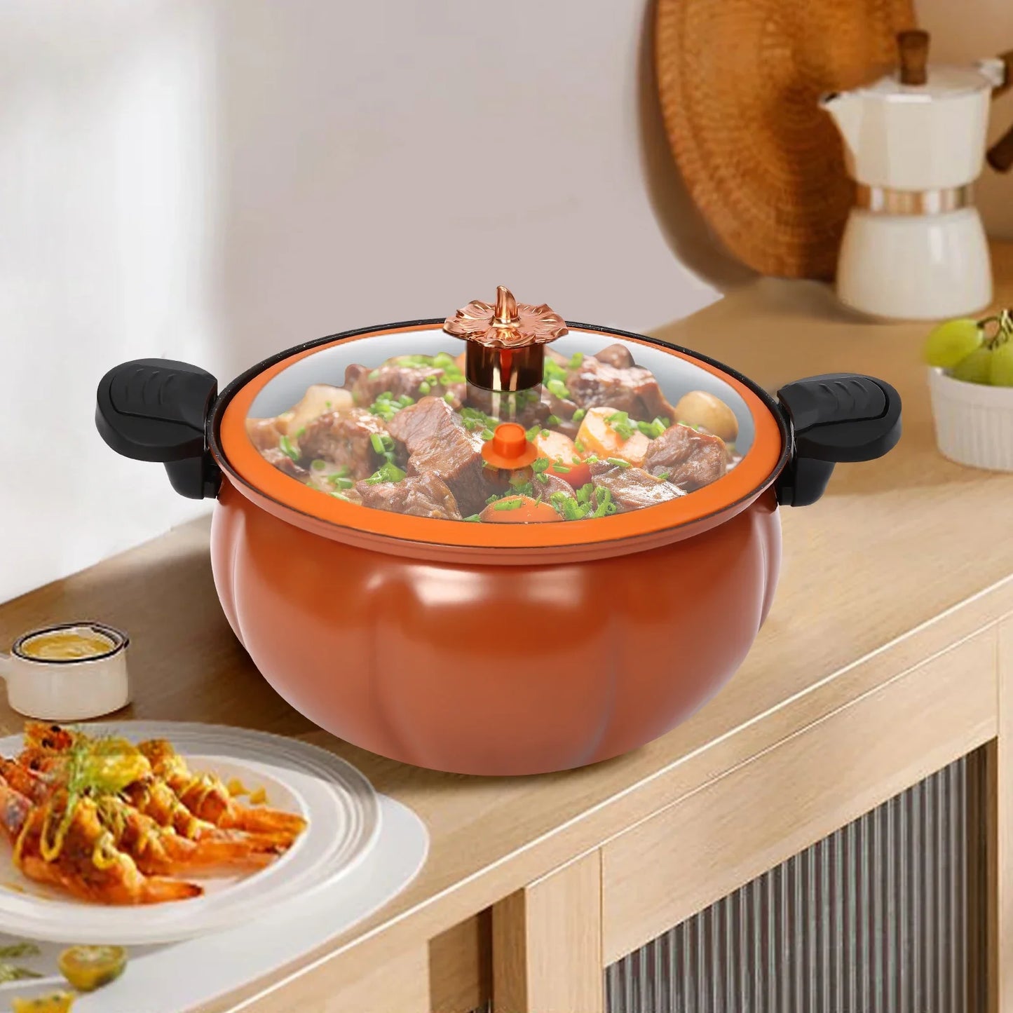 Bymaocar Pumpkin Shaped Non-Stick Micro Pressure Cooker With Transparent Lid