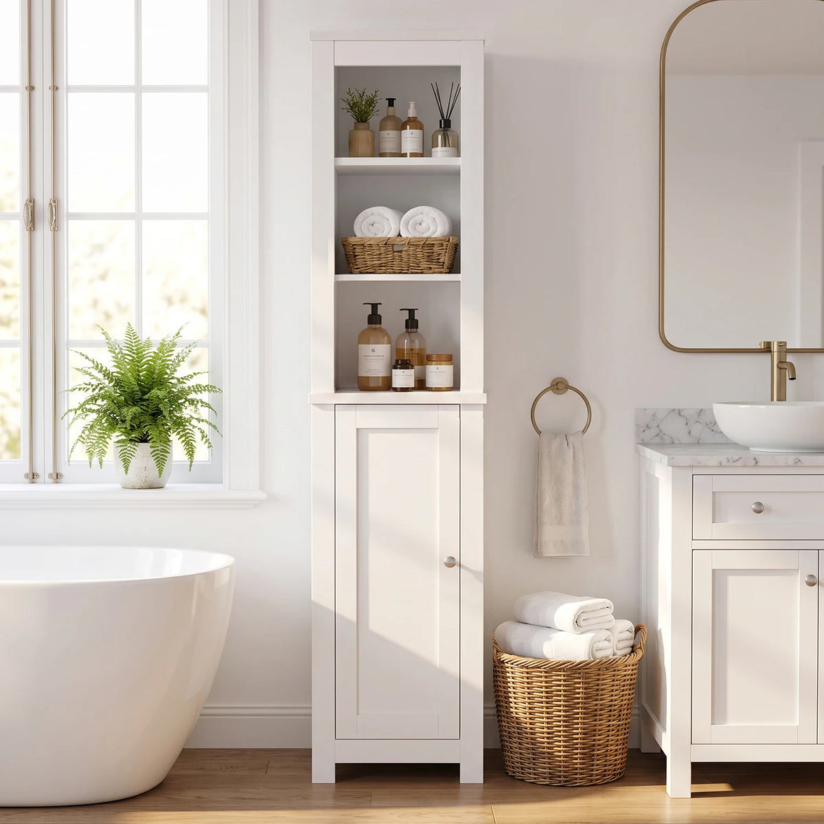 TinyNest Freestanding Wooden Bathroom Storage Cabinet With Adjustable Shelves