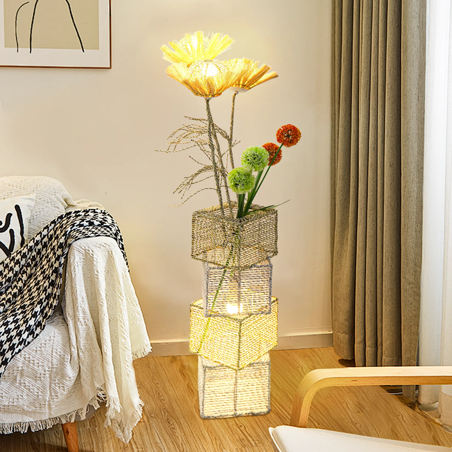 Modern Rattan Floor Lamp Dimmable LED Night Light Living Room