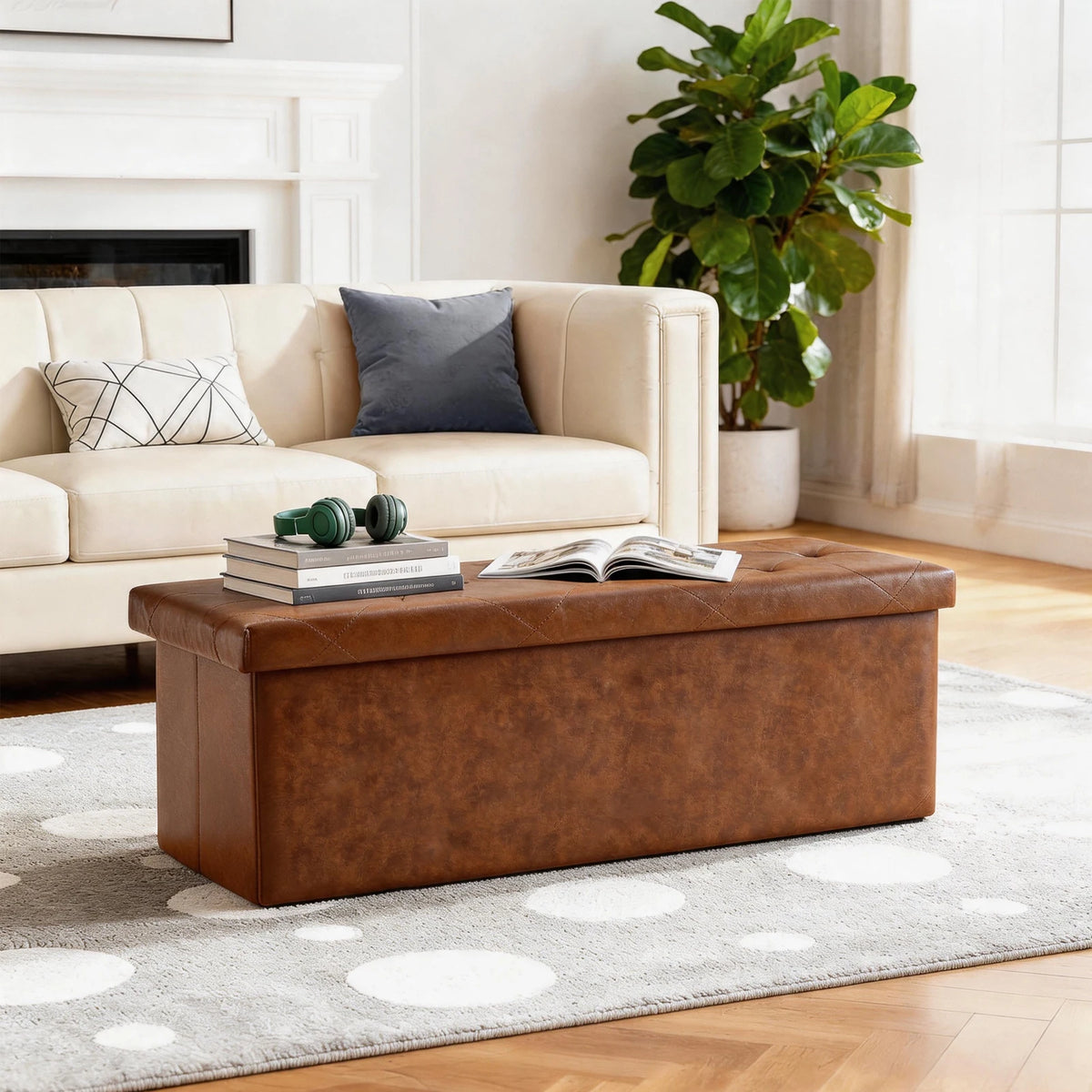 Sturdy Tufted Faux Leather Folding Storage Bench Ottoman