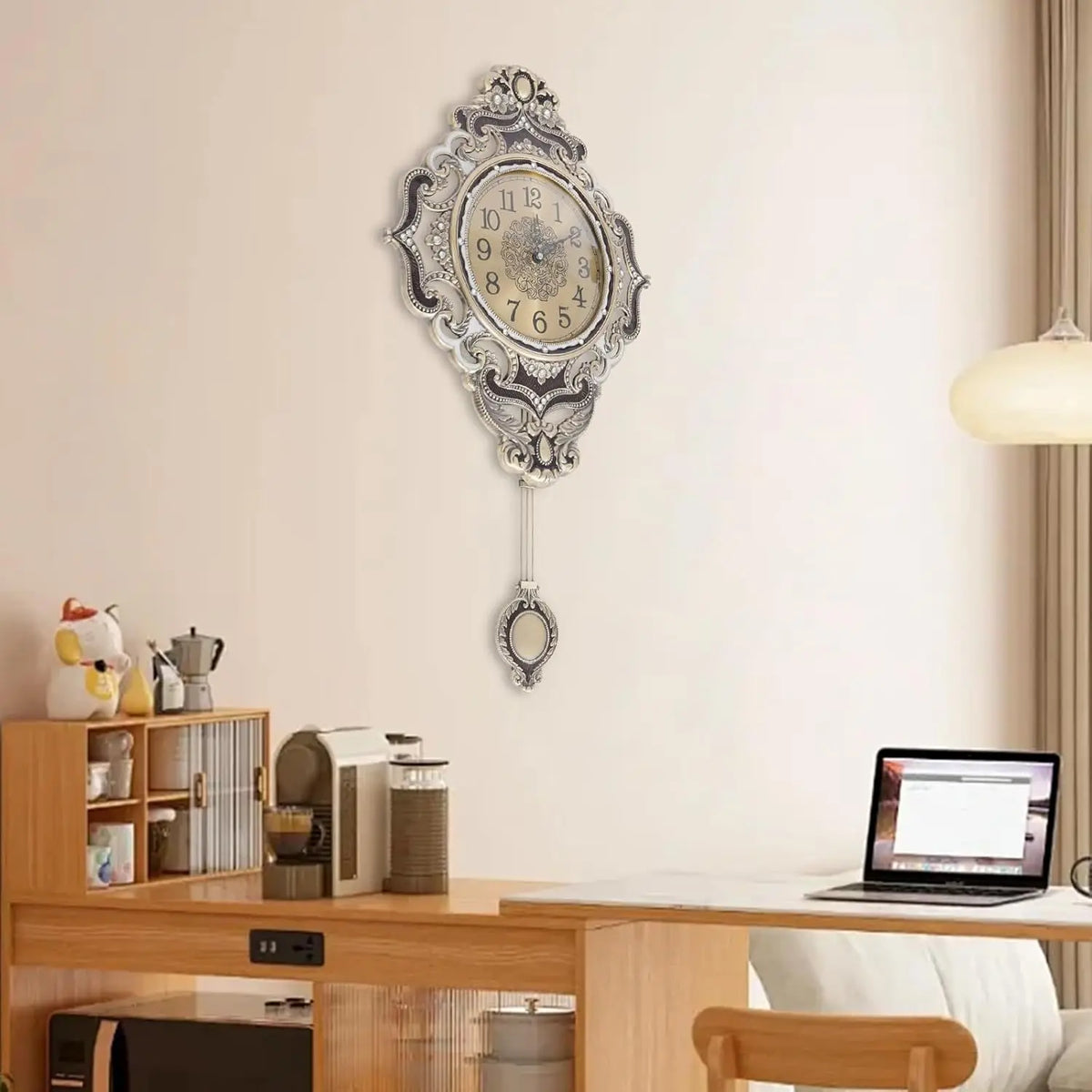 Classic Retro Wall Clock Featuring A Swinging Metal Pendulum